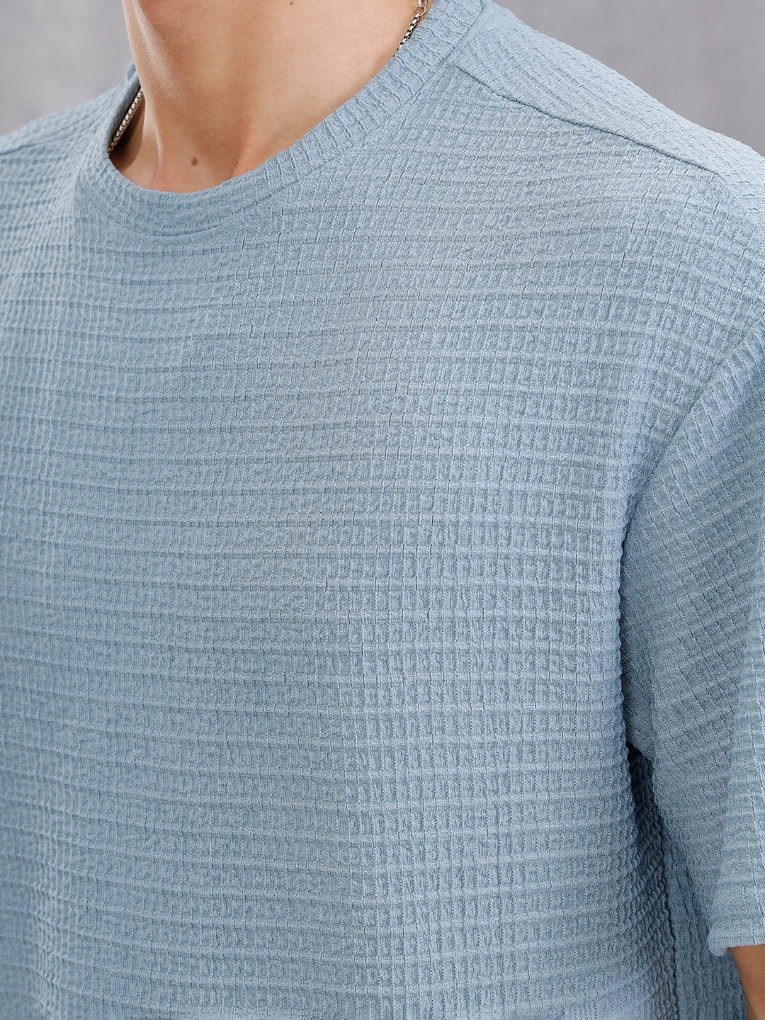 Oversized Jacquard Textured Crew Neck T-Shirt  |  Blue - Image 7