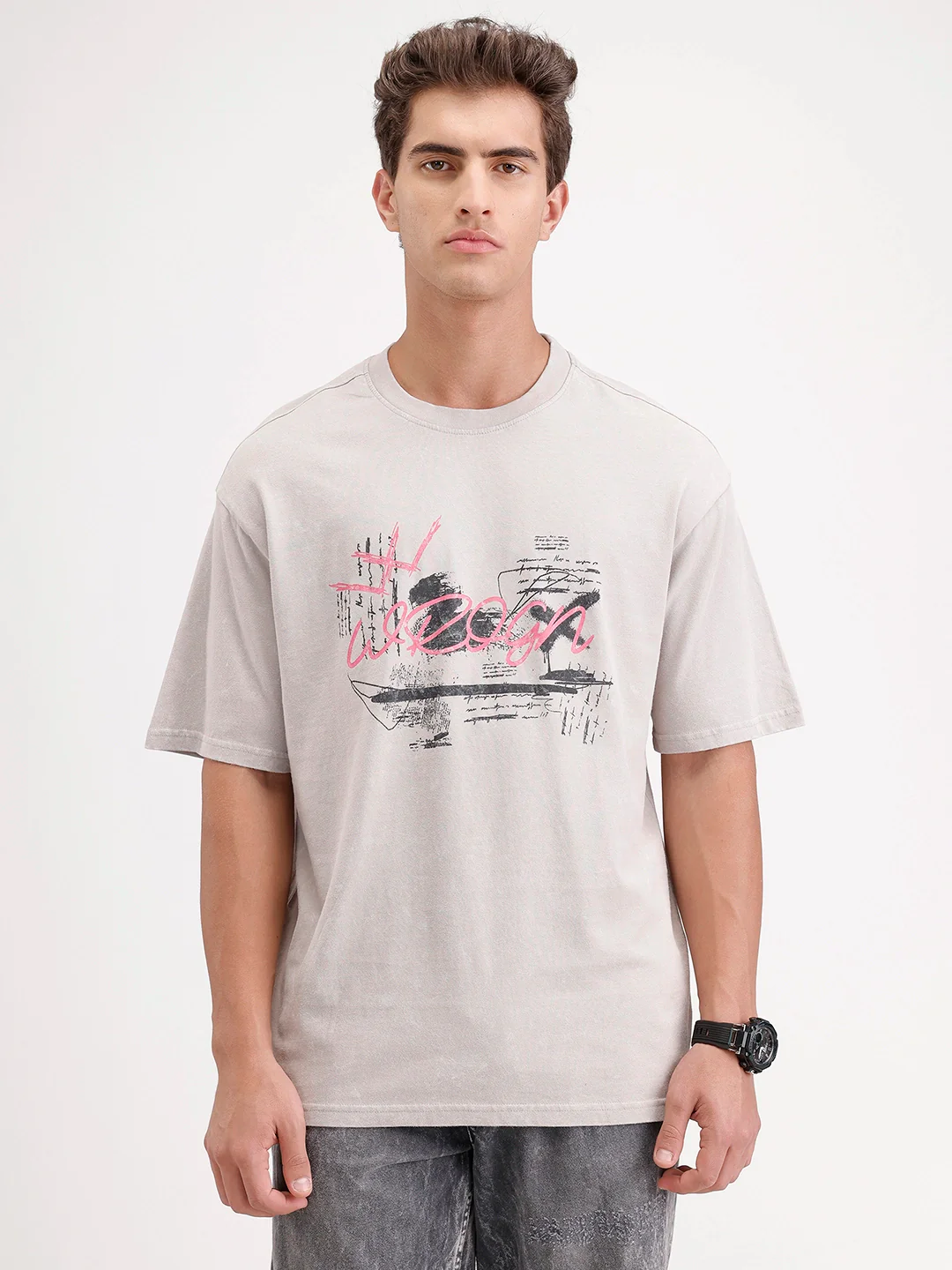 Oversized Placement Printed T-Shirt | Grey - Image 6