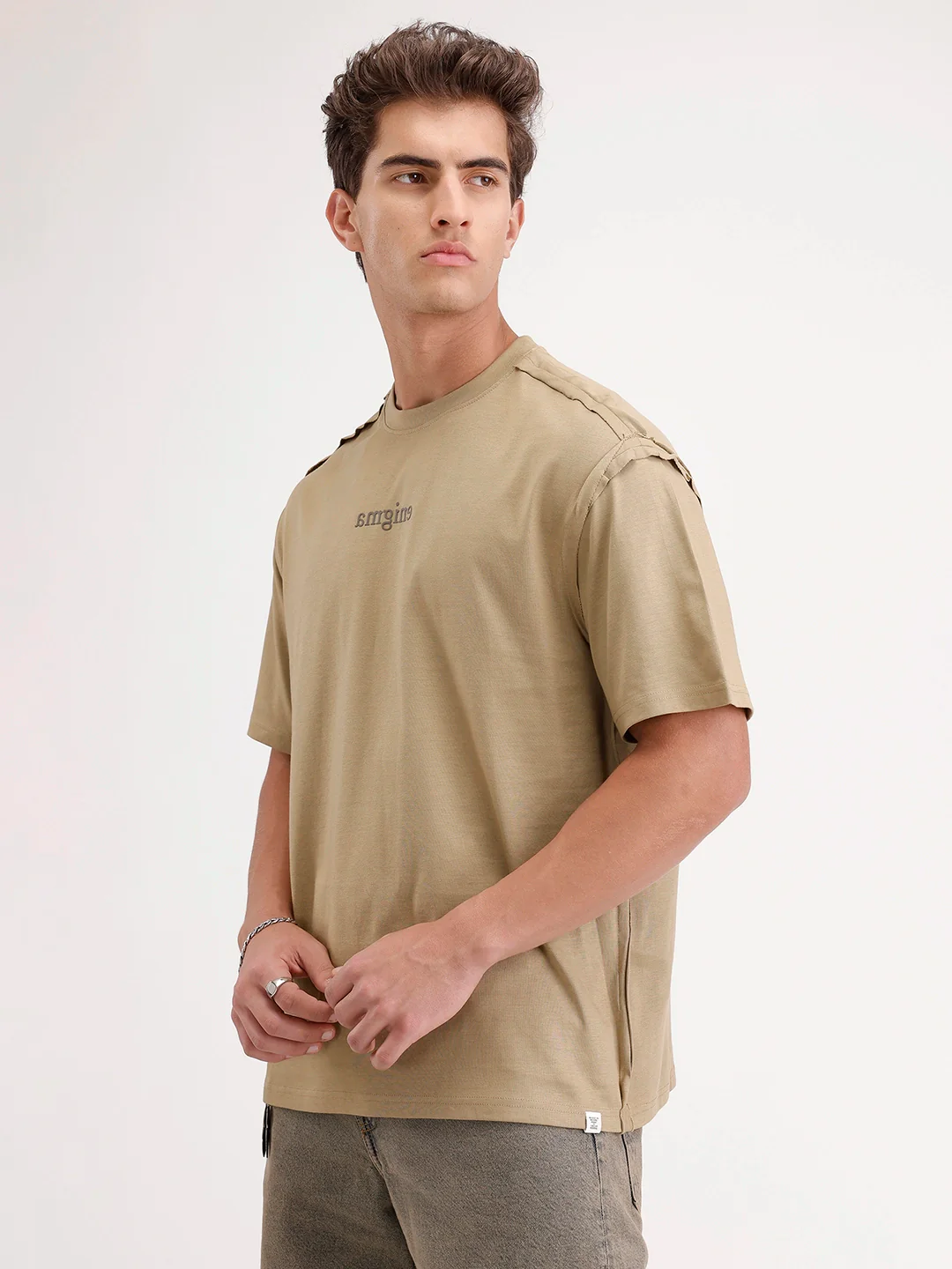 Oversized Placement Printed T-Shirt | Khaki - Image 4