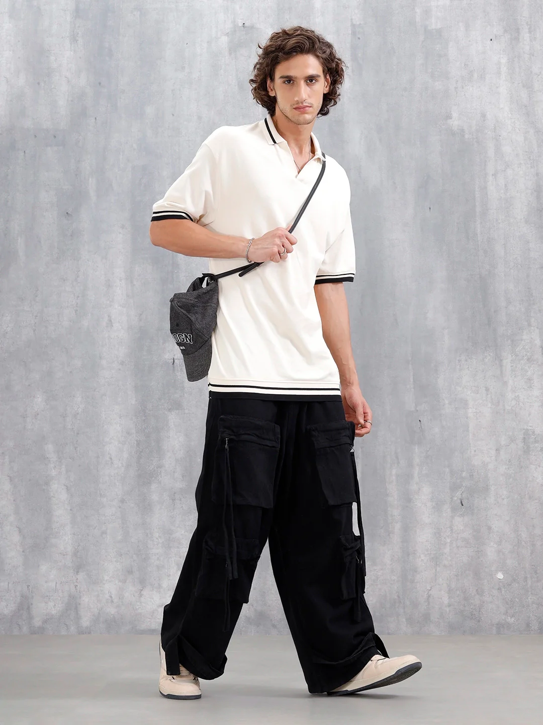 Oversized Polo T-Shirt With Contrast Trim Details | Beige - Image 2