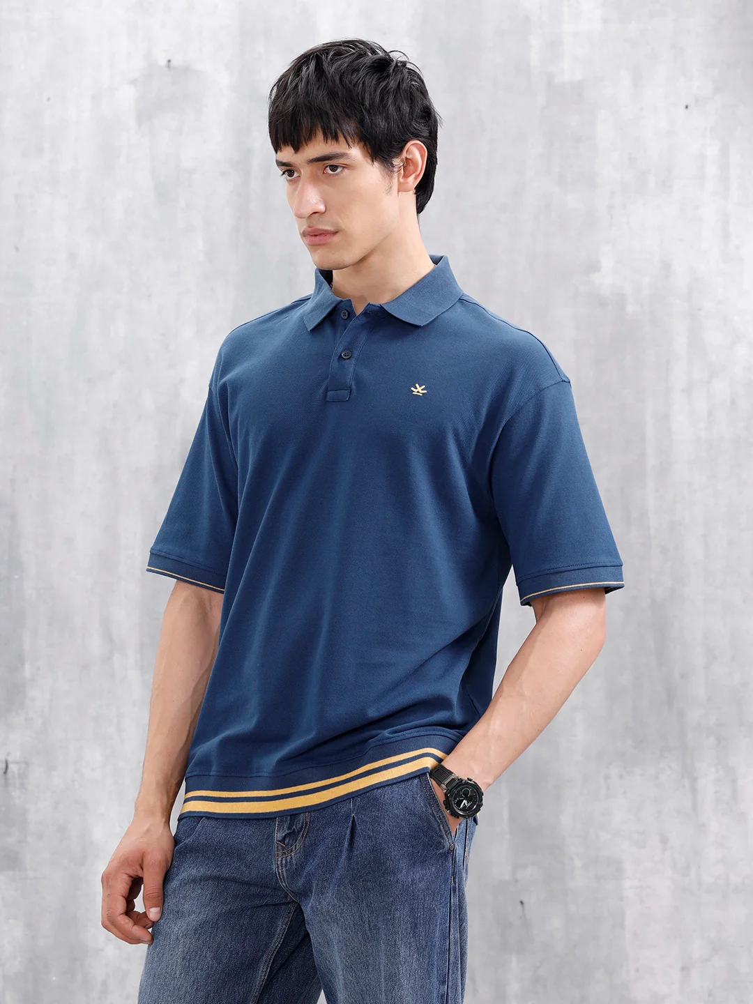 Oversized Polo T-Shirt With Contrast Trim Details | Dark Blue - Image 4