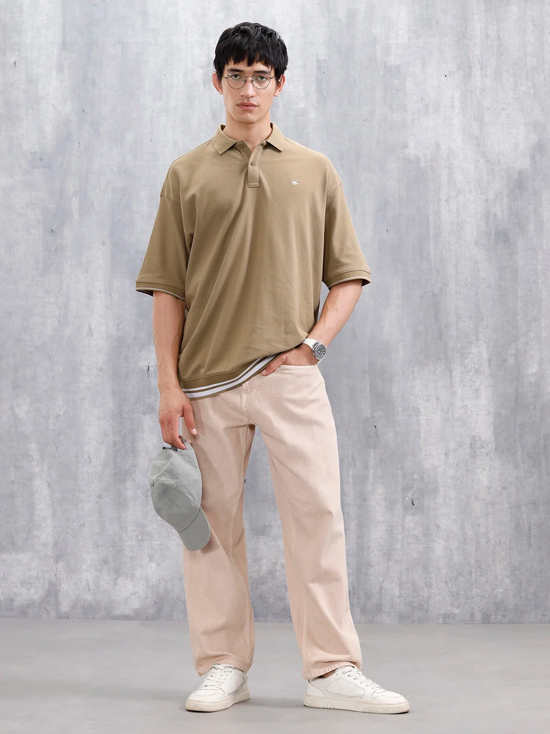 Oversized Polo T-Shirt With Contrast Trim Details  | Khaki - Image 2