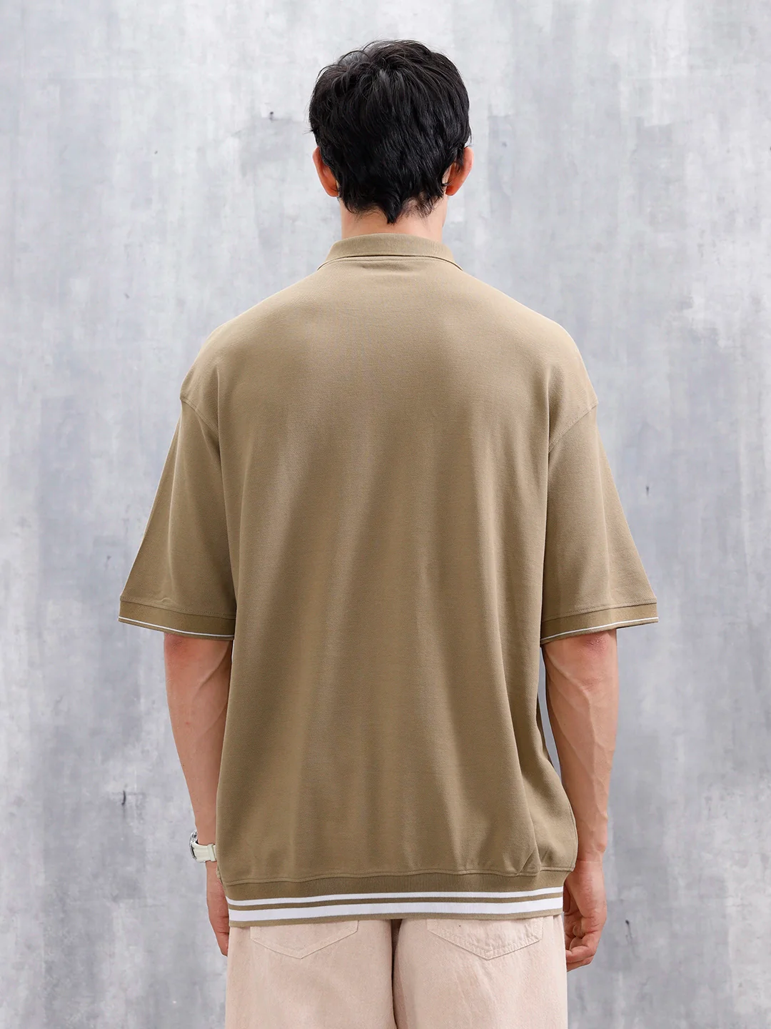 Oversized Polo T-Shirt With Contrast Trim Details  | Khaki - Image 3