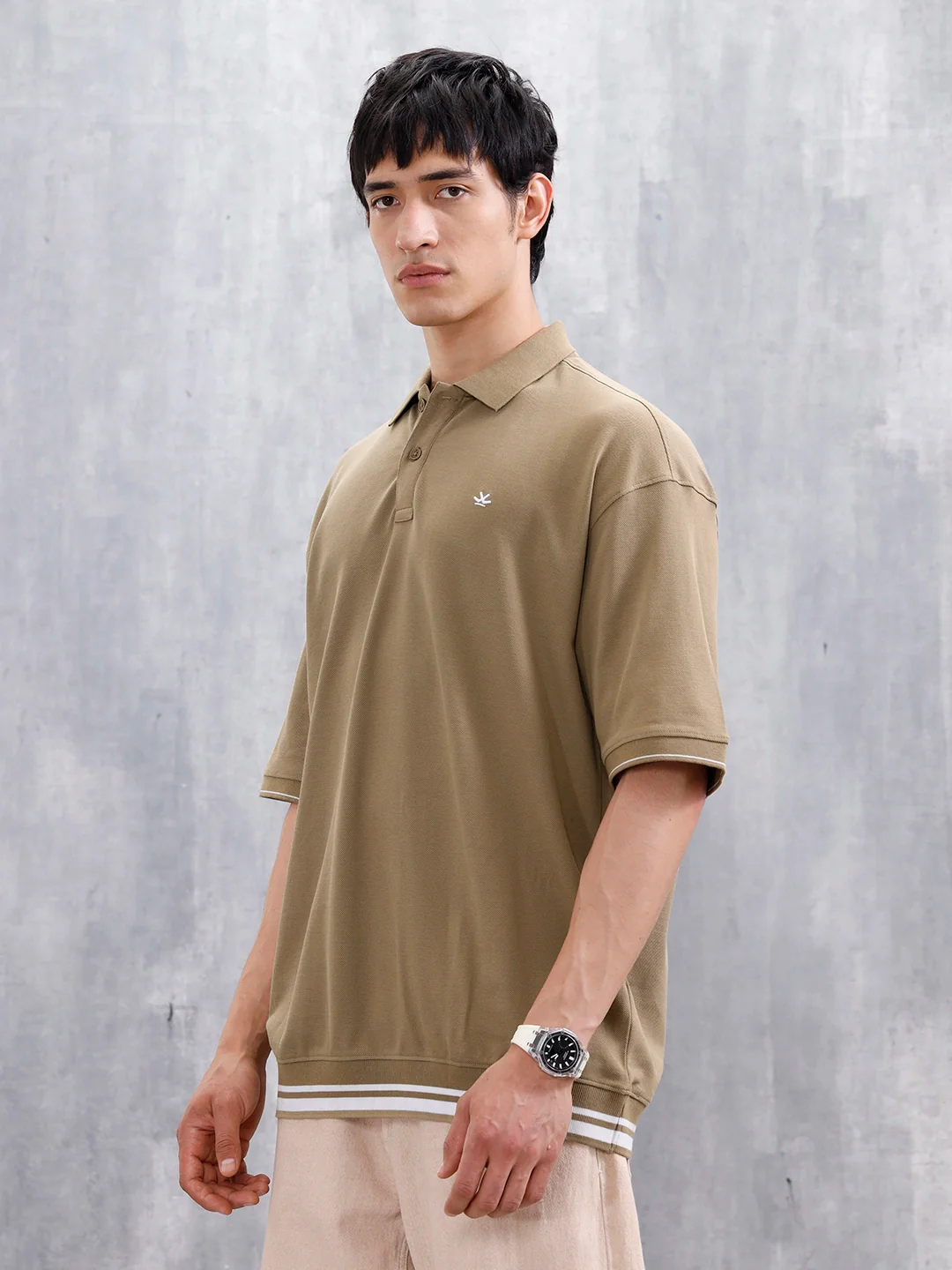 Oversized Polo T-Shirt With Contrast Trim Details  | Khaki - Image 4