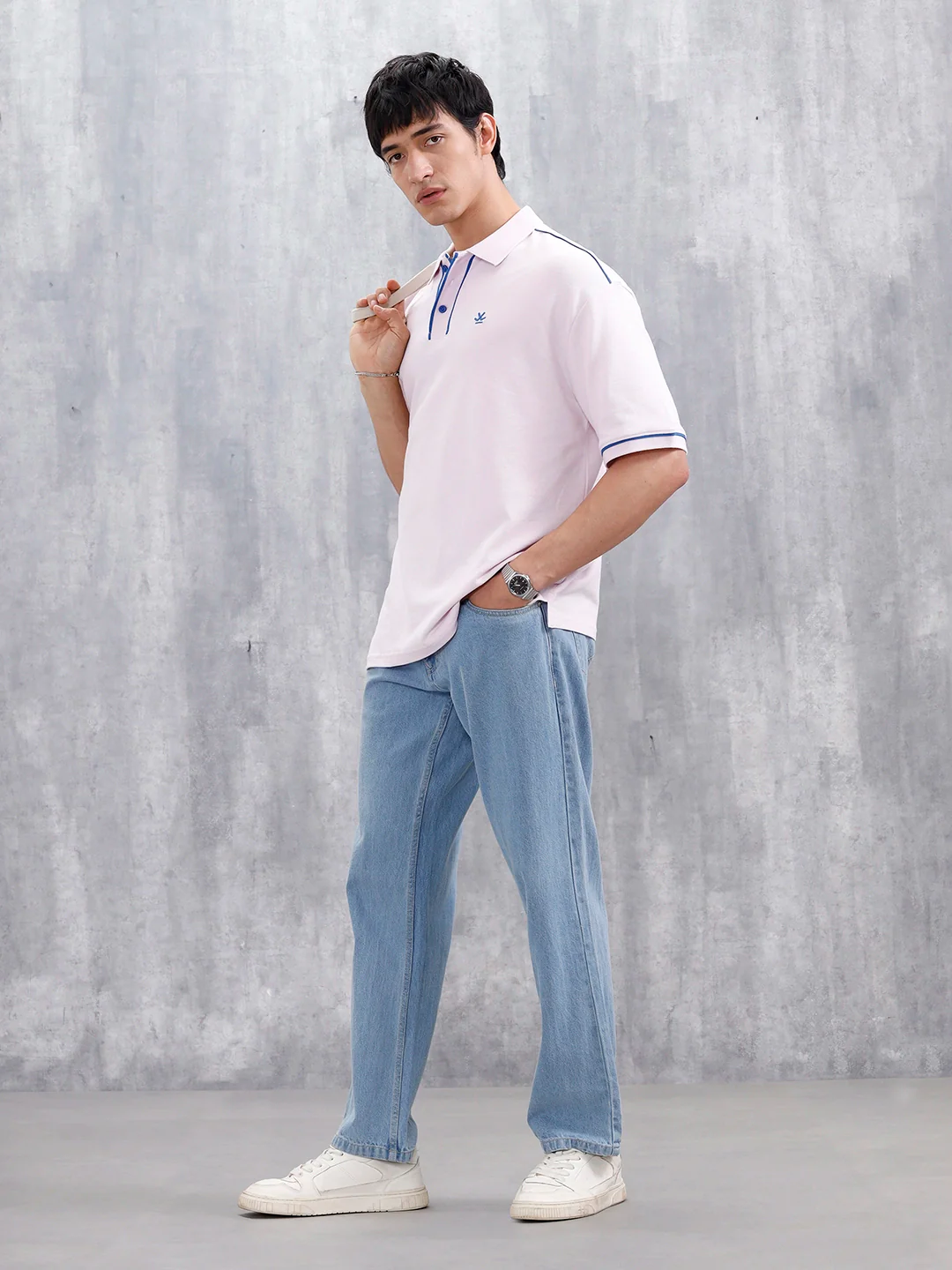Oversized Polo T-Shirt With Contrast Trim Details | Pink - Image 2