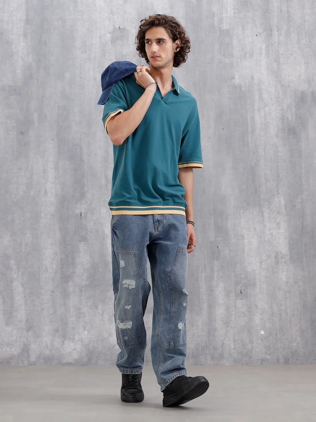 Oversized Polo T-Shirt With Contrast Trim Details | Teal - Image 2