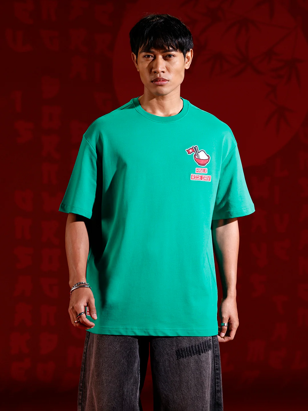 Oversized T-shirt with embroidered chest detail | Green - Image 2