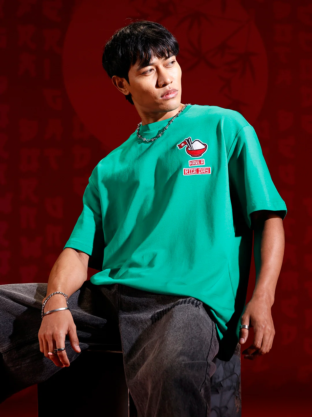 Oversized T-shirt with embroidered chest detail | Green - Image 7