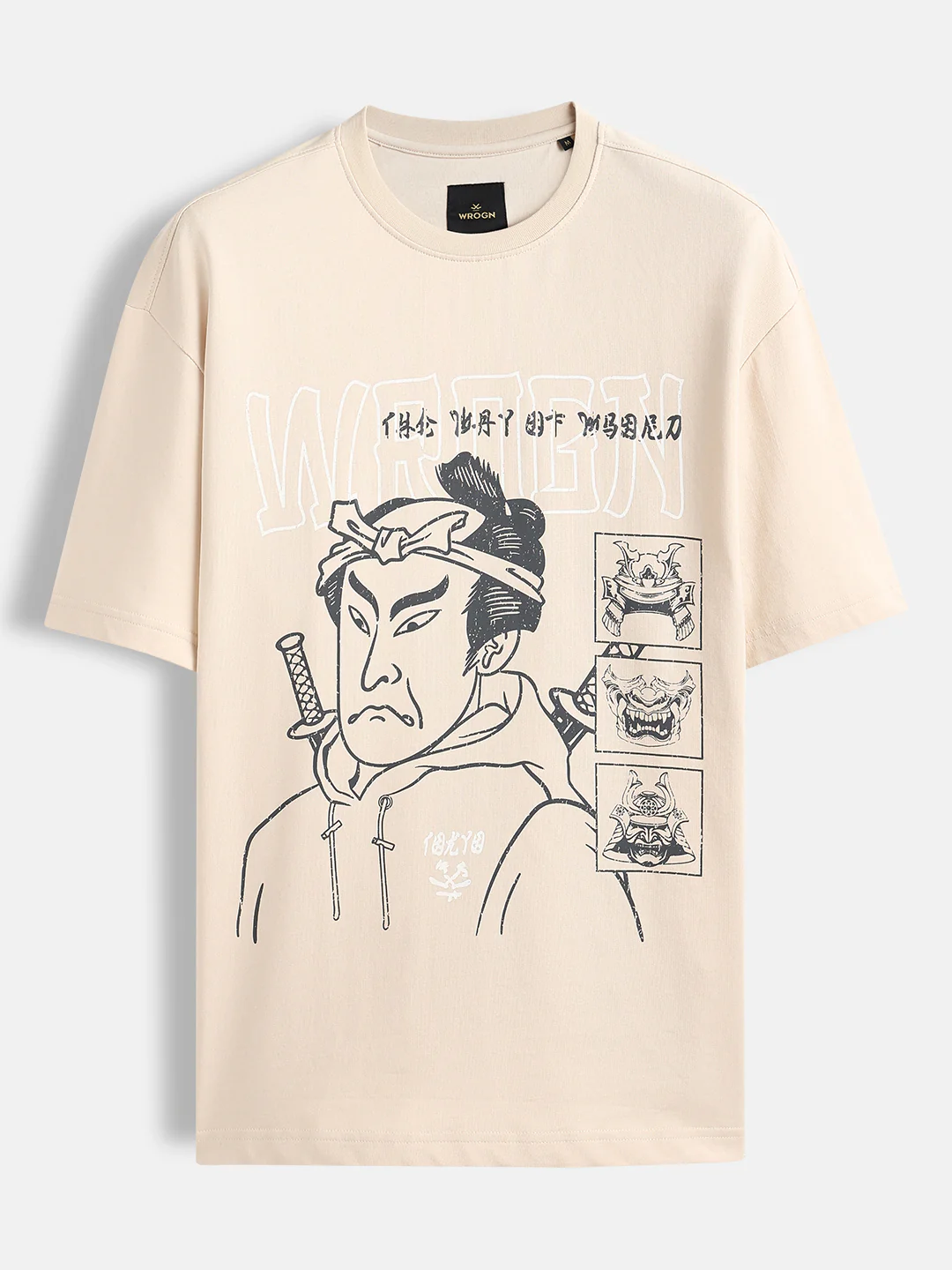 Oversized T-shirt with Samurai Graphic Print | Beige - Image 6