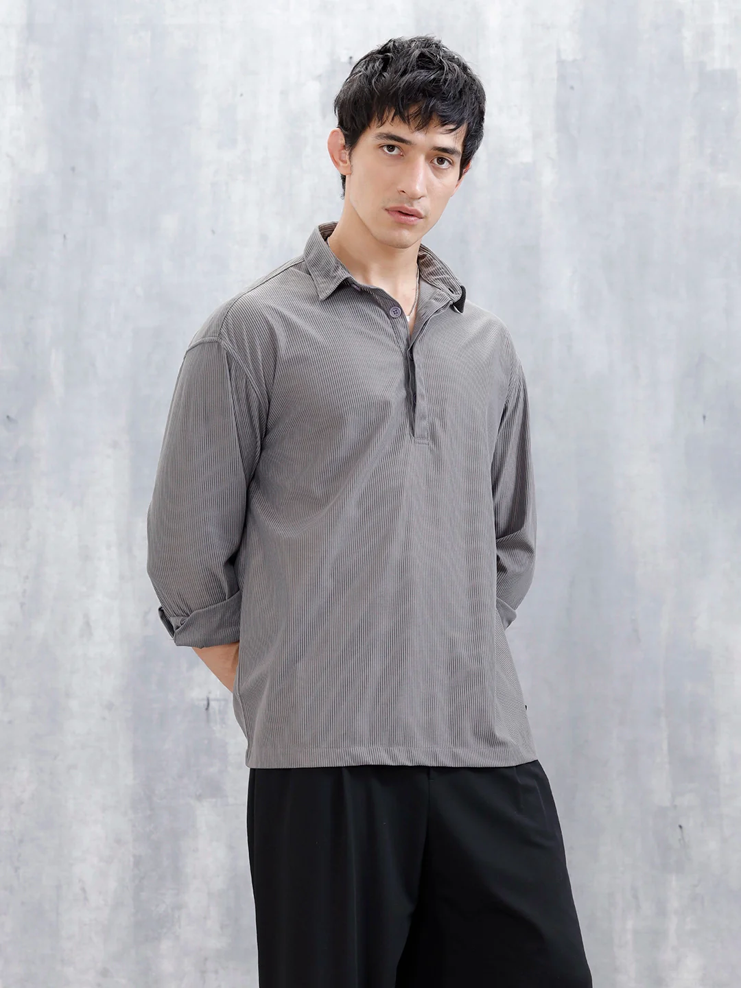 Oversized Textured Polo T-Shirt For Men's | Grey - Image 4