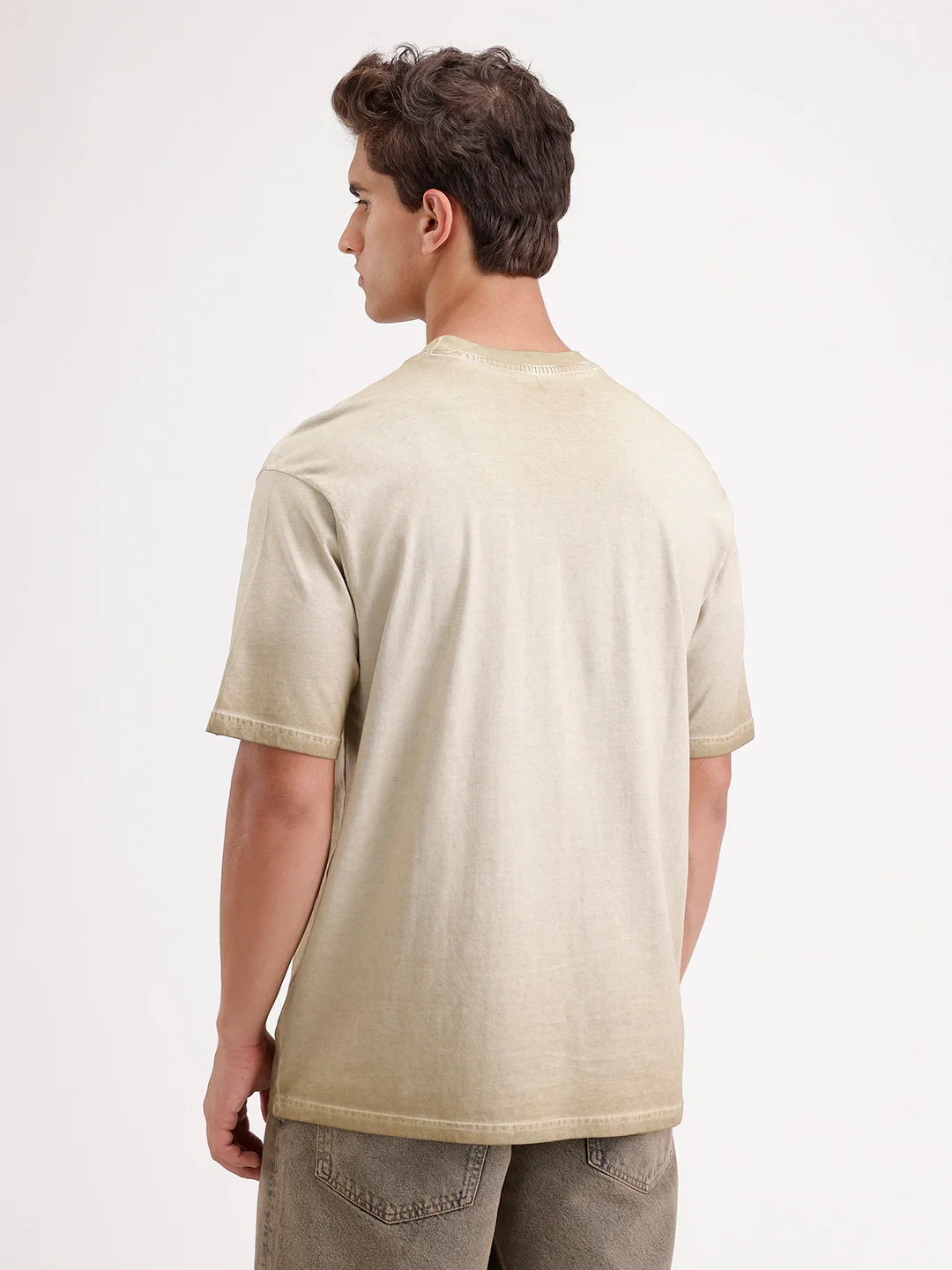 Oversized Washed Placement Printed T-Shirt | Khaki - Image 2