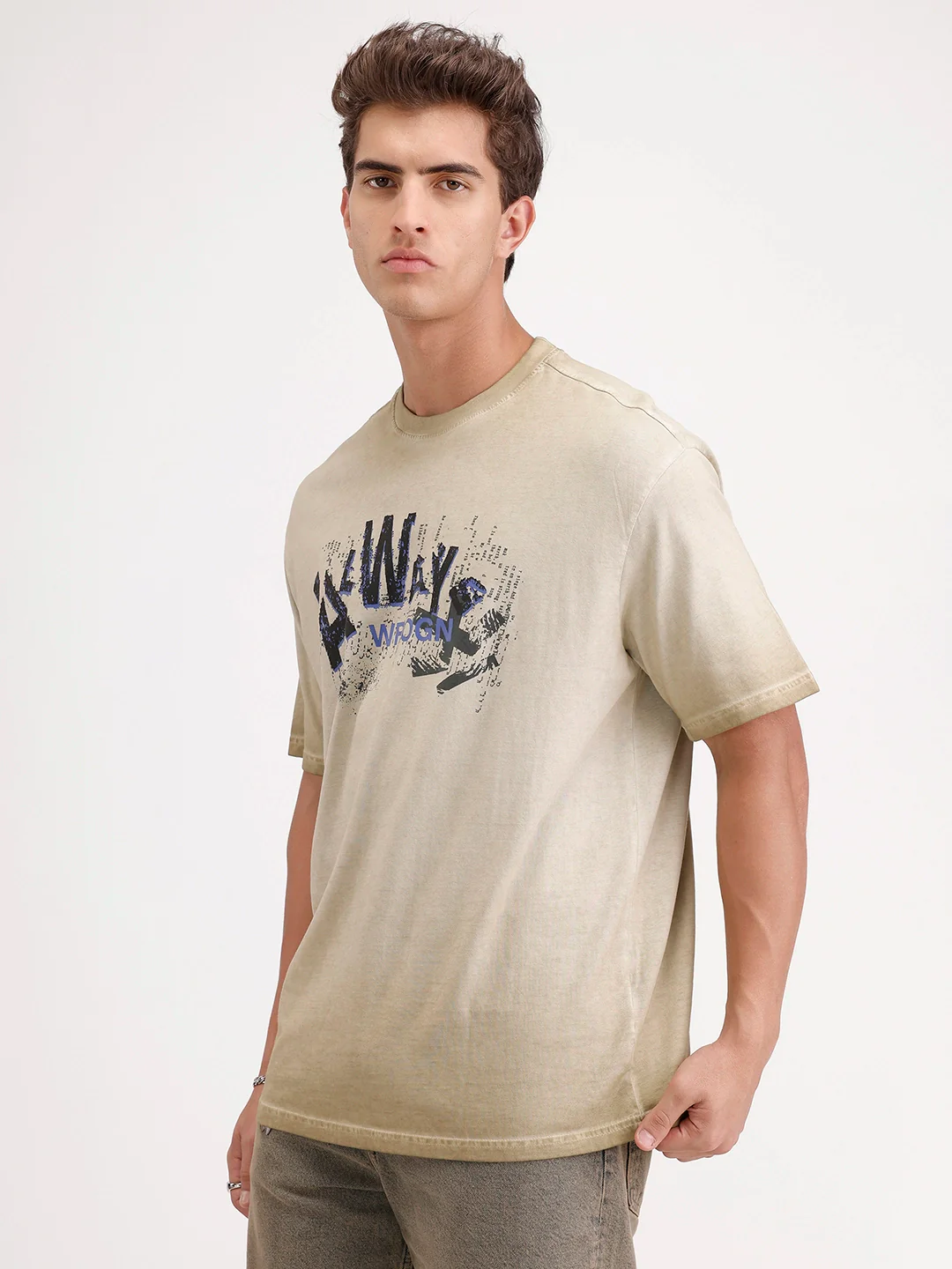 Oversized Washed Placement Printed T-Shirt | Khaki - Image 4