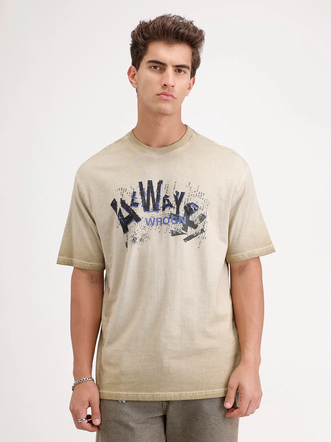 Oversized Washed Placement Printed T-Shirt | Khaki - Image 7