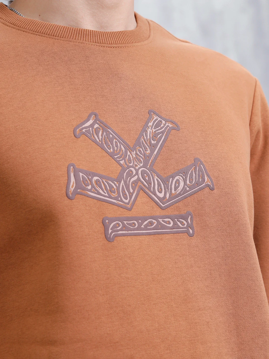 Paisley Puff Print Brushed Fleece Slim Fit Sweatshirt | Rust - Image 5