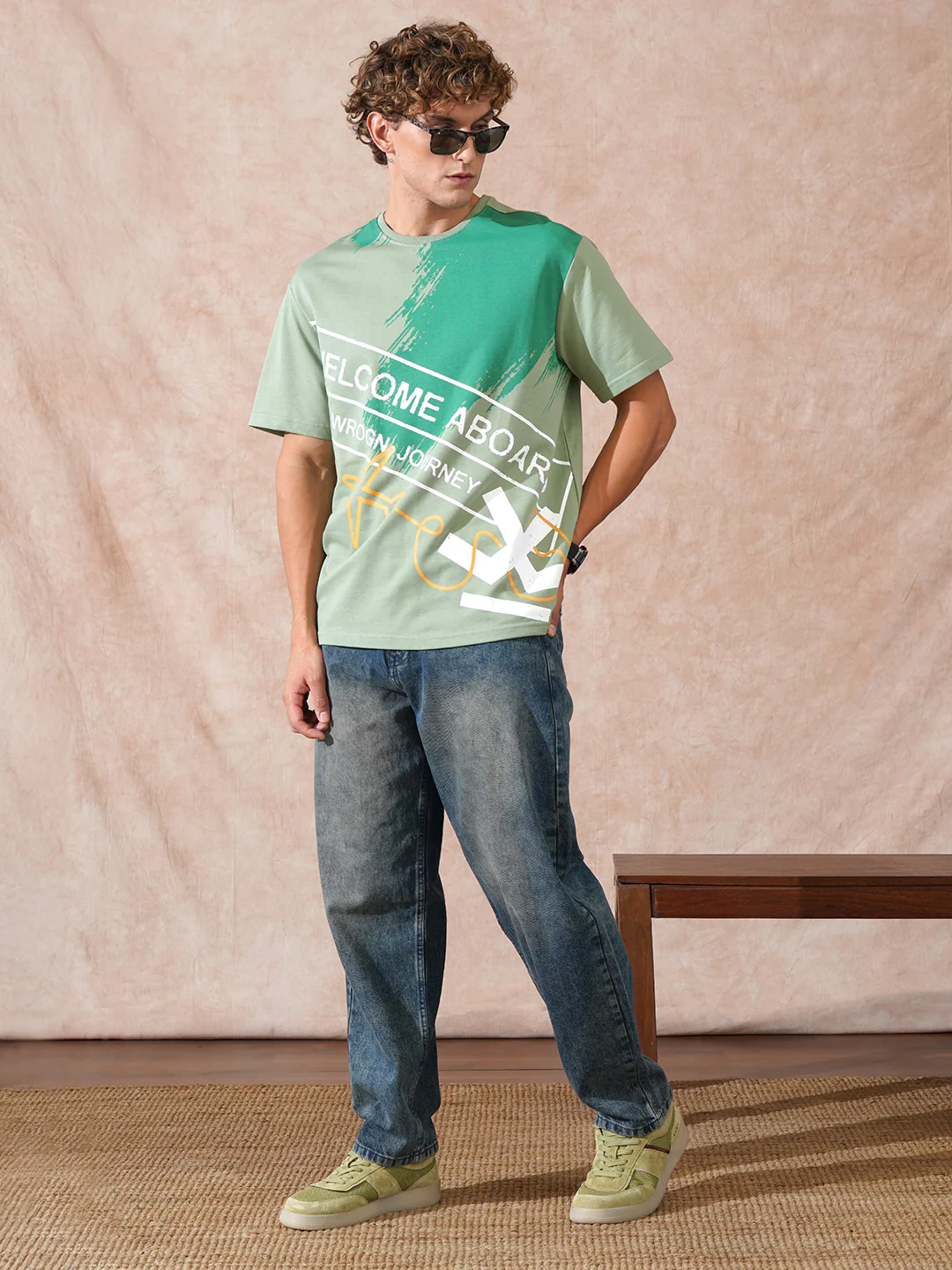 Panel Printed Oversized Fit T-Shirt | Green - Image 2