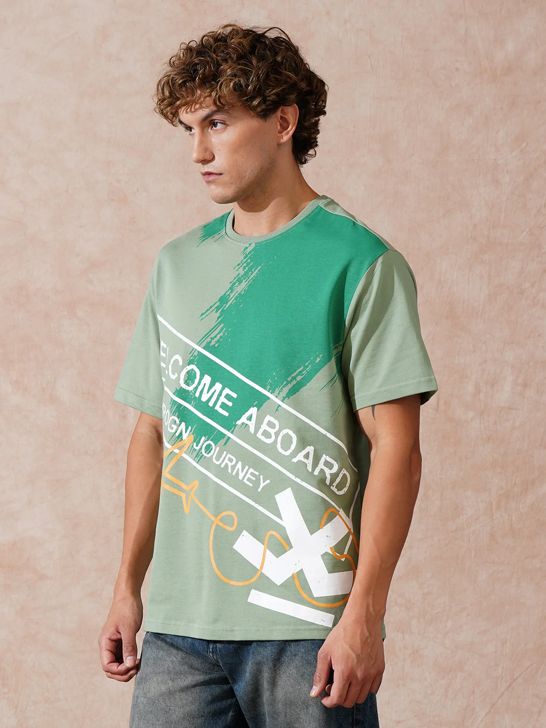 Panel Printed Oversized Fit T-Shirt | Green - Image 4