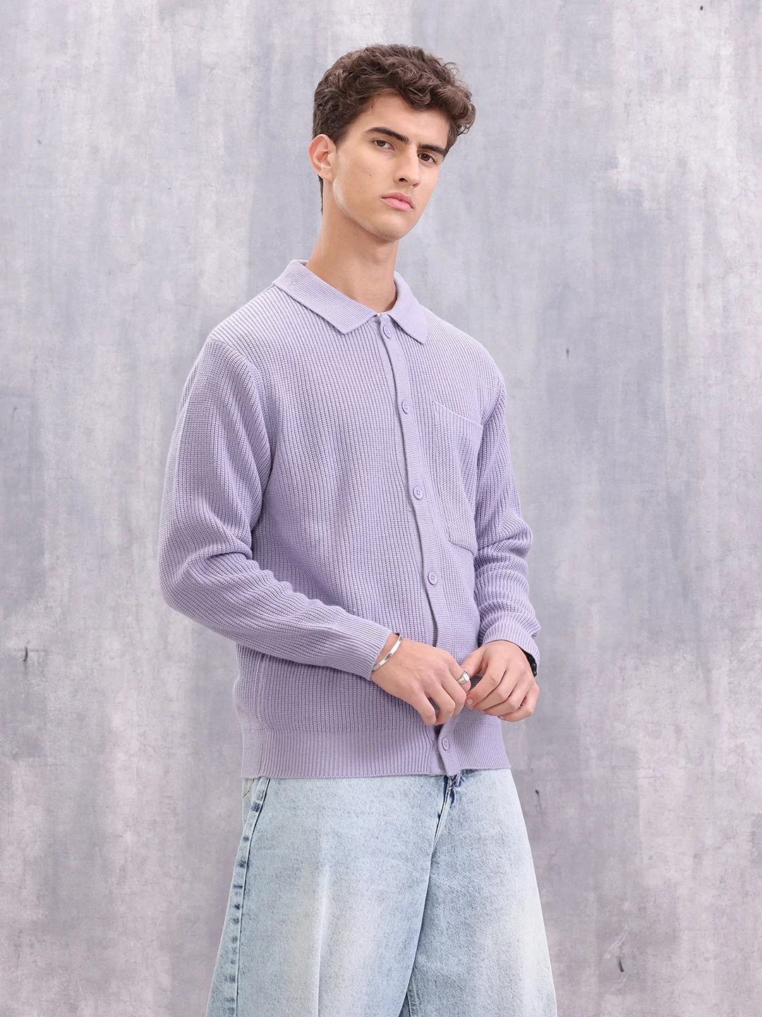 Pastel Layered Casual Knitted Cardigan For Men | Lavender - Image 4