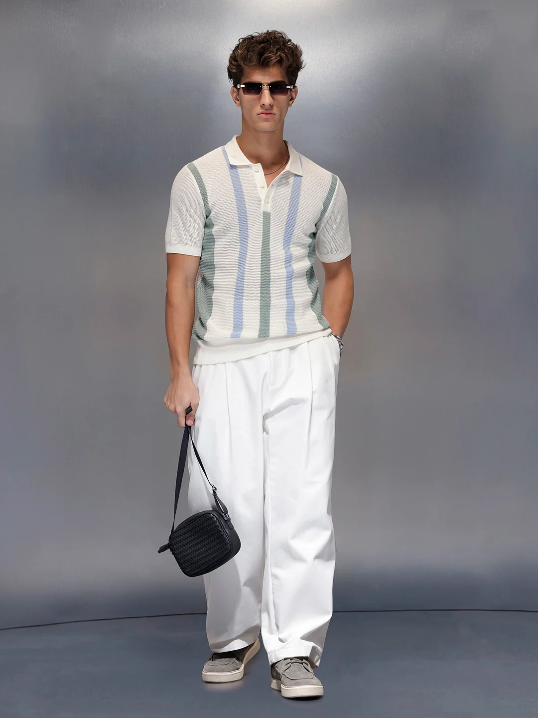 Pastel Stripe Textured Knit Polo | Off White - Image 2