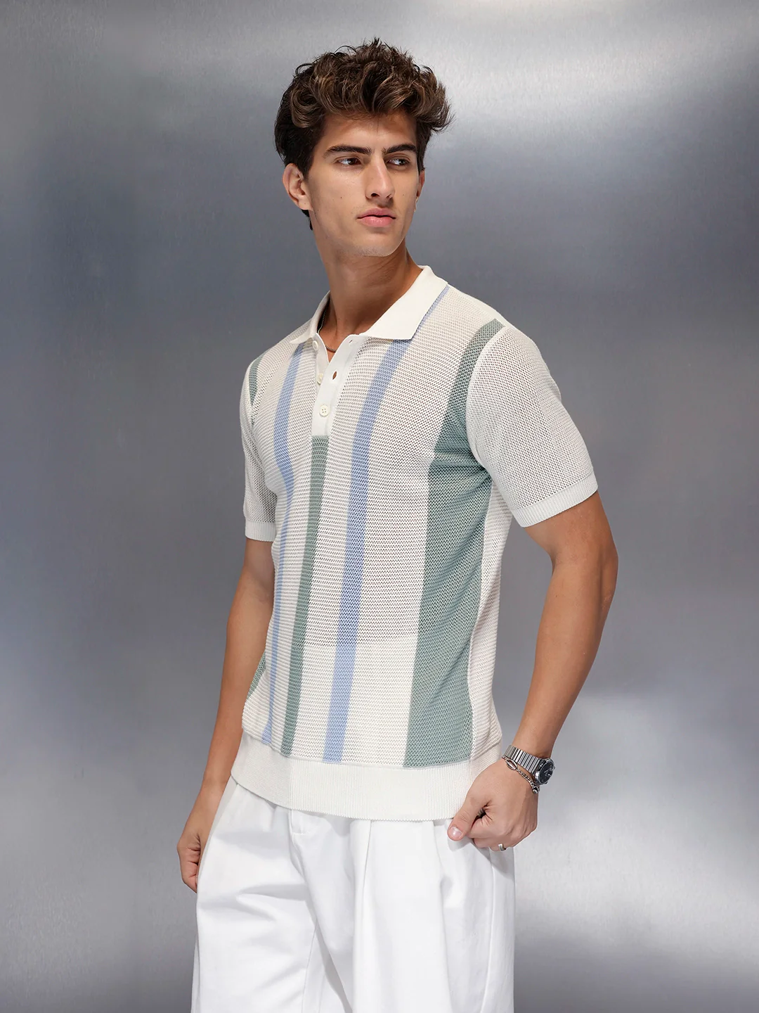 Pastel Stripe Textured Knit Polo | Off White - Image 4