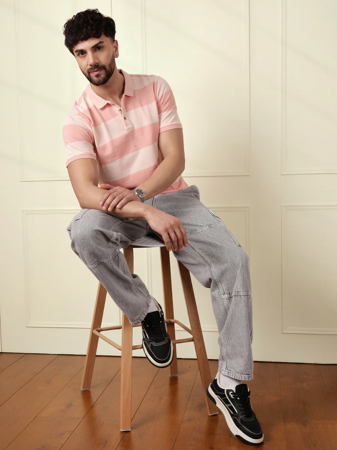 Casual Tonal Striped Polo T-Shirt | Peach - Image 3