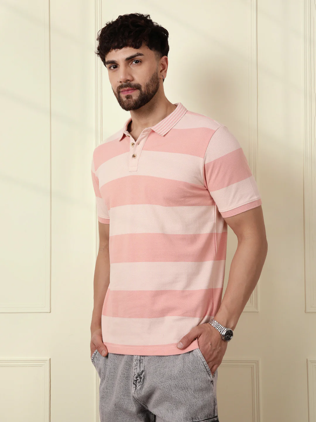Casual Tonal Striped Polo T-Shirt | Peach - Image 5