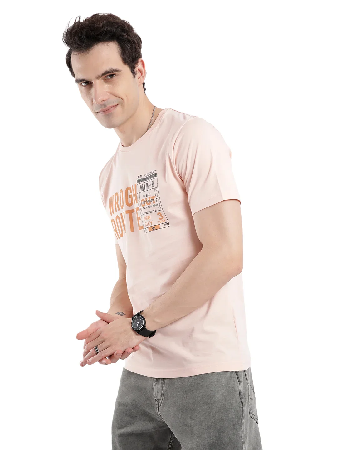 Peach Wrogn Route Slim Fit T-Shirt - Image 4