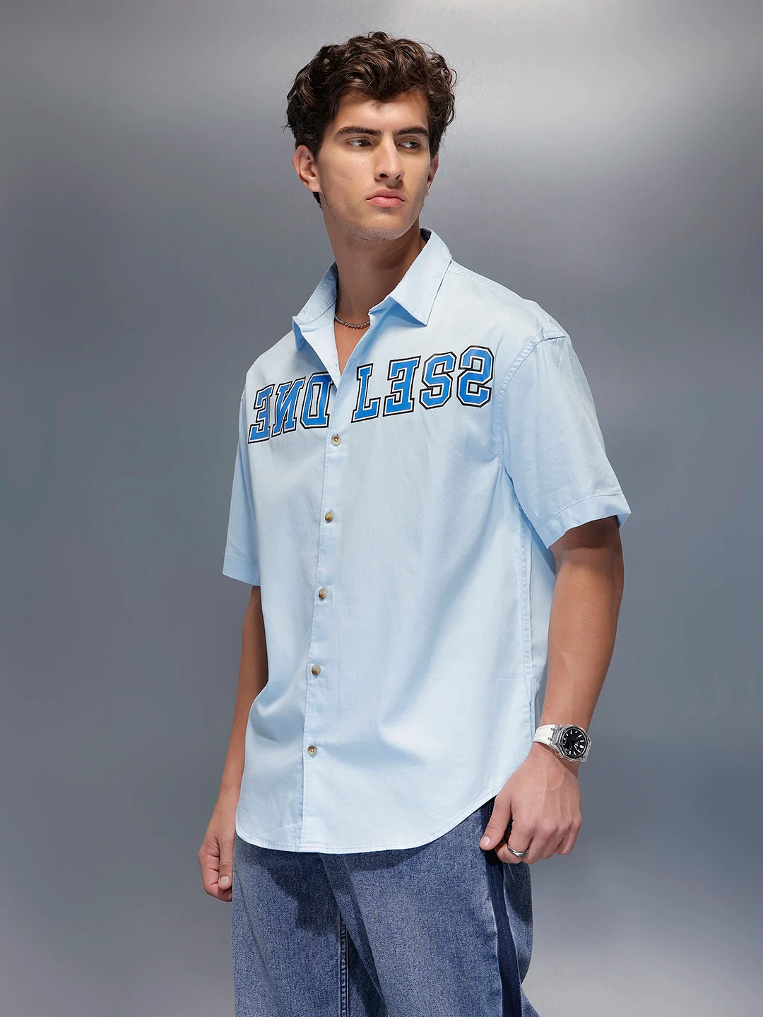 Placement Printed Oversized Shirt   |  Blue - Image 4