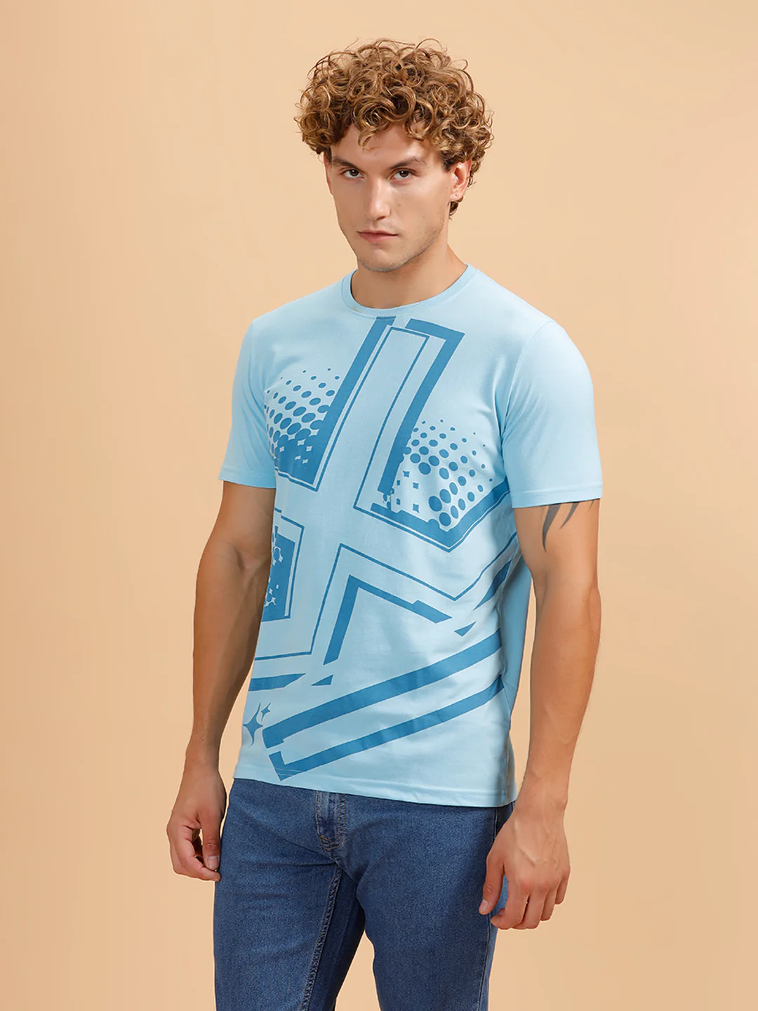 Placement Printed Regular Fit T-Shirt | Light Blue - Image 4