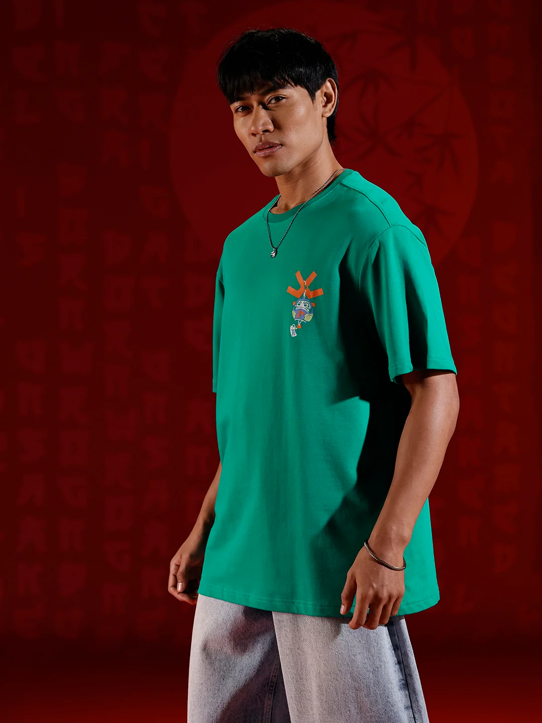 Playful chest print oversized T-shirt | Green - Image 5
