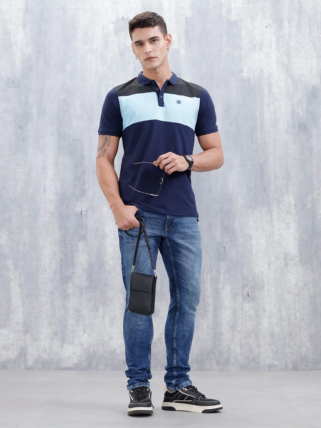 Polo T-Shirt With Colourblock Details | Dark Blue - Image 2