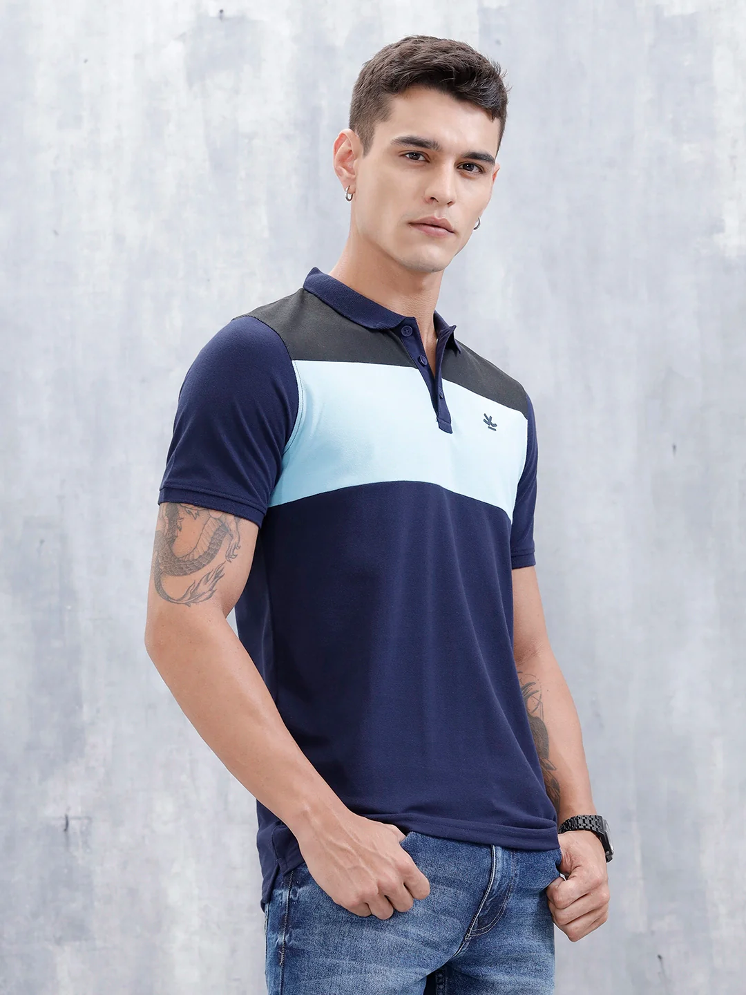 Polo T-Shirt With Colourblock Details | Dark Blue - Image 4