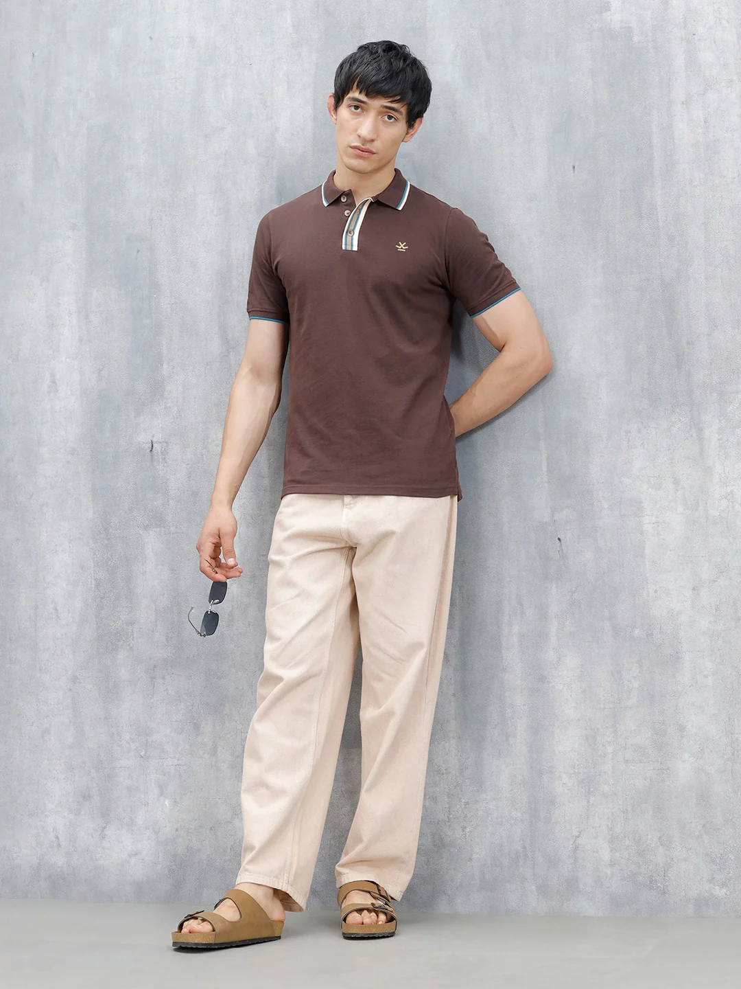 Polo T-Shirt With Contrast Trim Details | Brown - Image 2