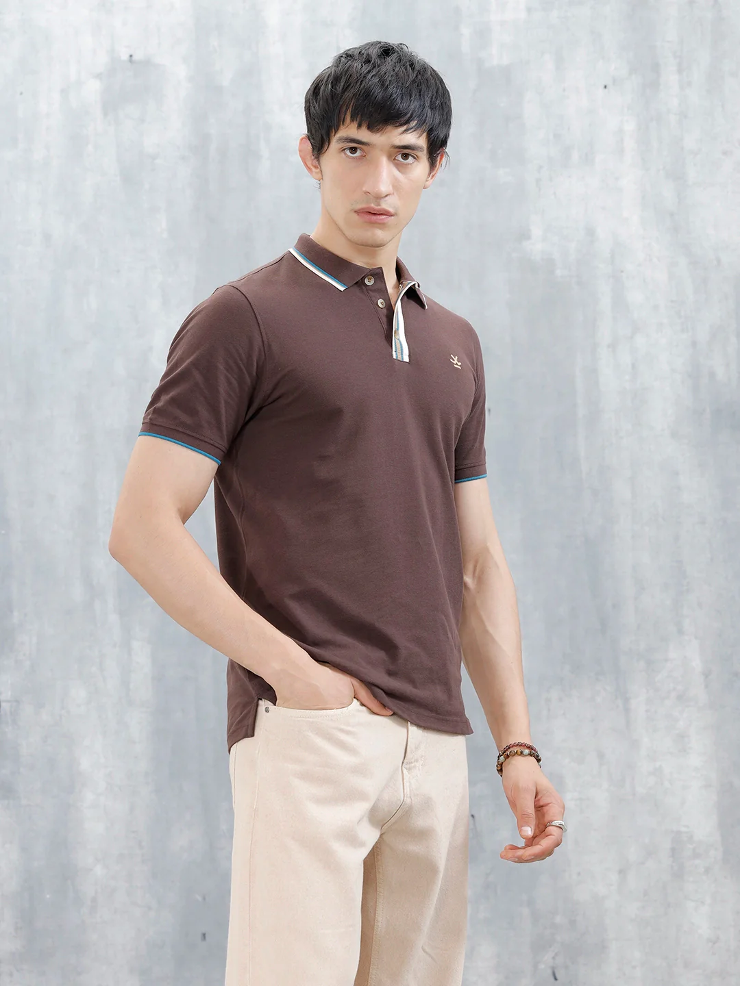Polo T-Shirt With Contrast Trim Details | Brown - Image 4