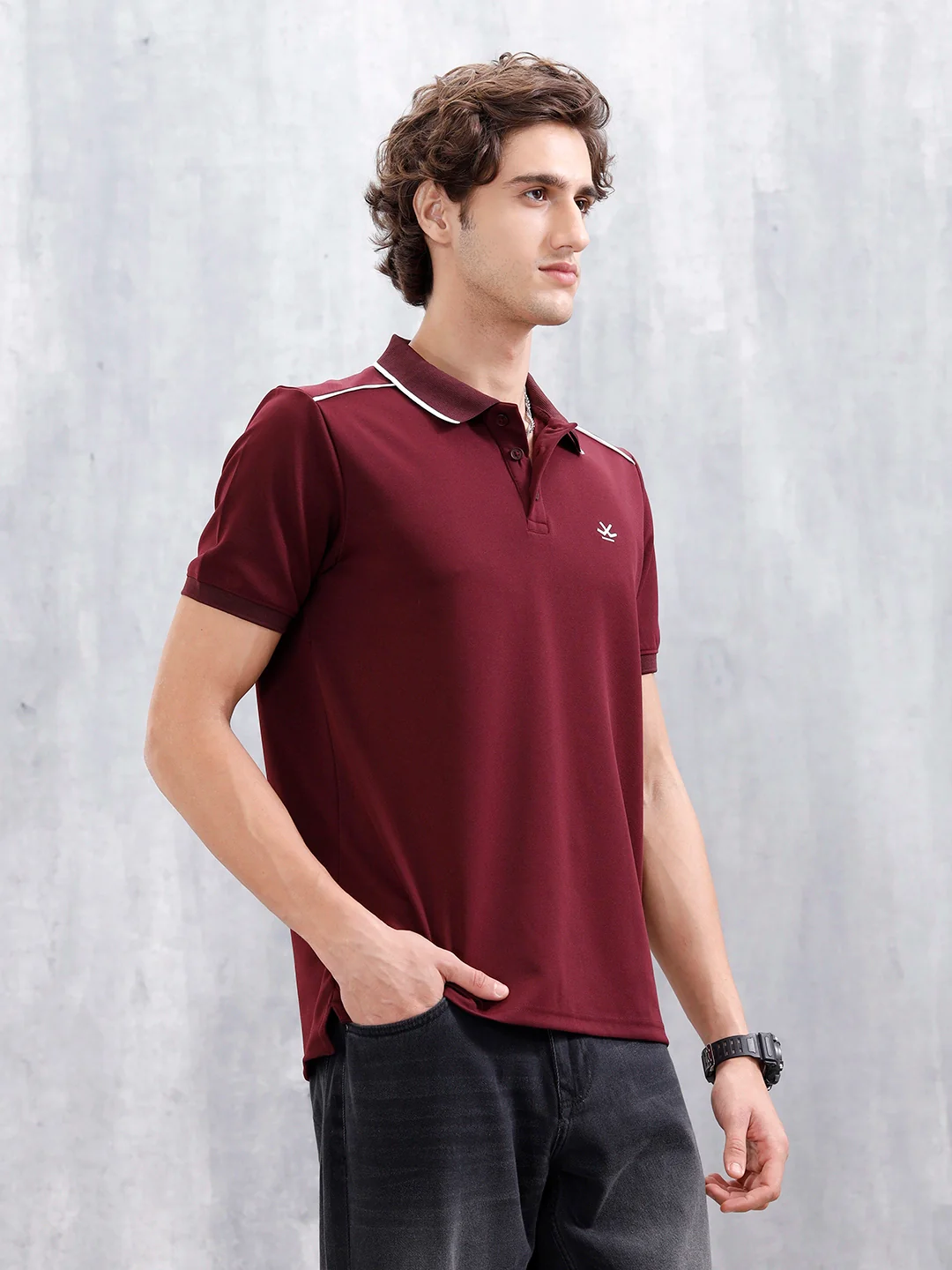 Polo T-Shirt With Contrast Trim Details | Maroon - Image 4