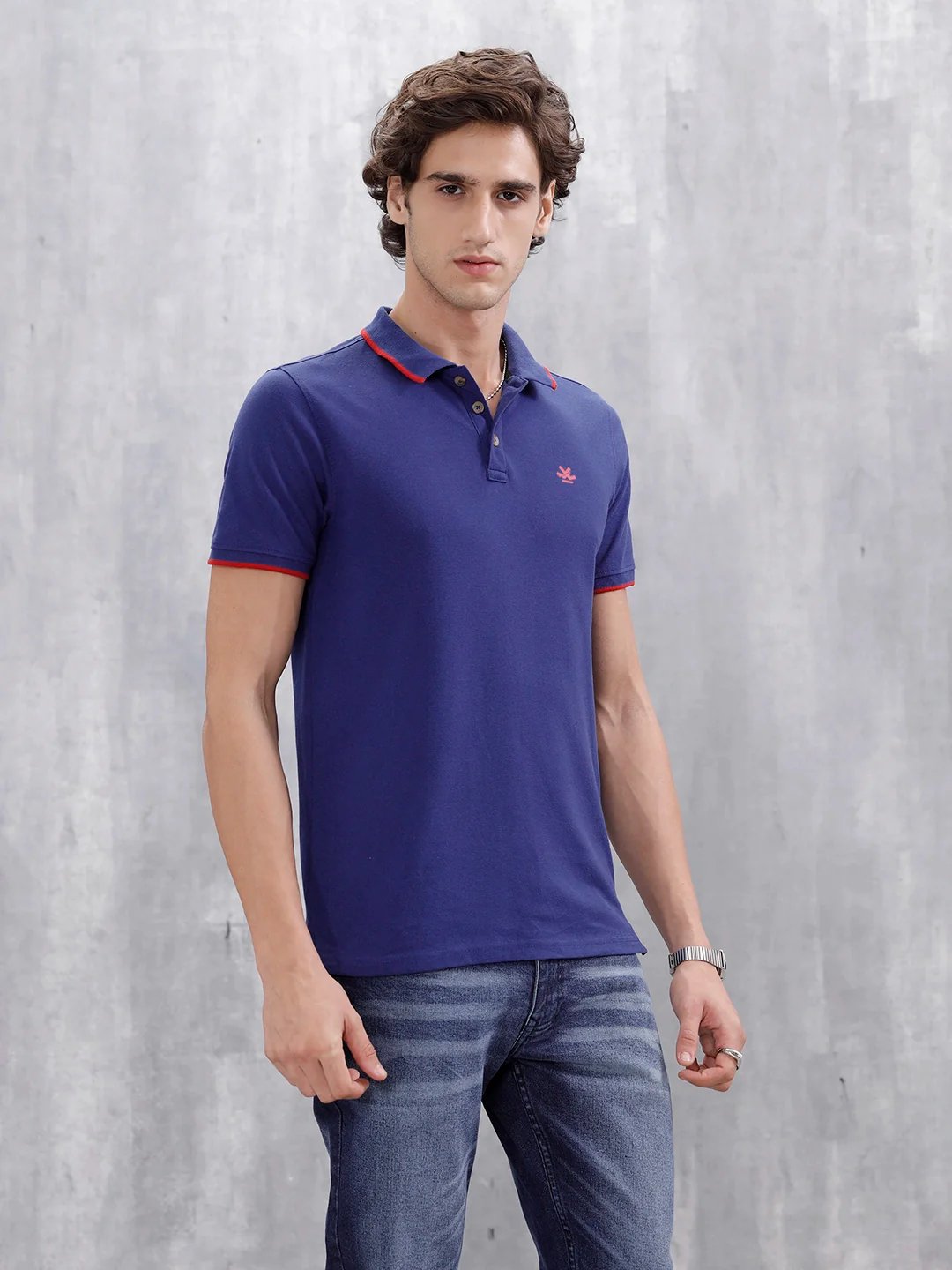 Polo T-Shirt With Contrast Trim Details | Navy Blue - Image 4
