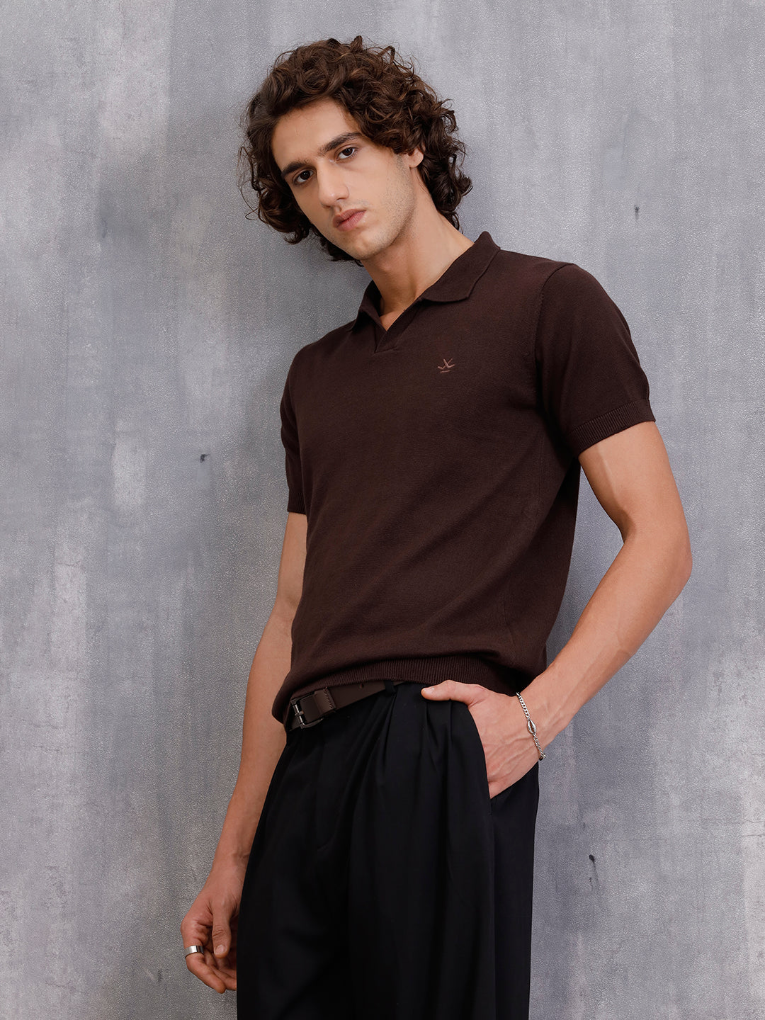 Premium Flat Knit Slim Fit Polo T-Shirt | Brown - Image 3
