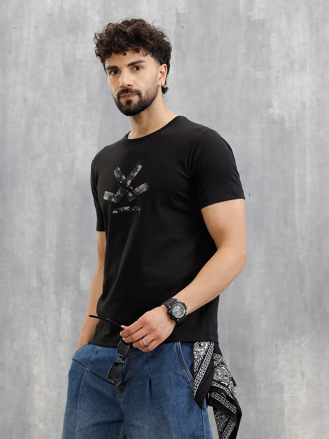 Premium Interlock Base With Dark Floral Logo Brand Carrier Crew Neck T-Shirt | Black - Image 5
