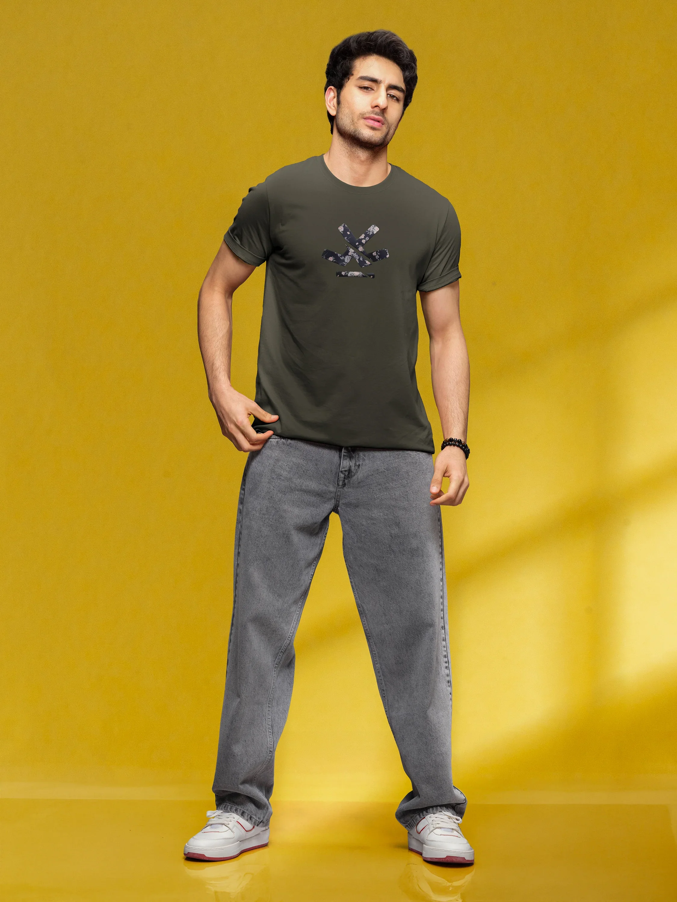 Premium Interlock Base With Dark Floral Logo Brand Carrier Crew Neck T-Shirt | Olive - Image 2