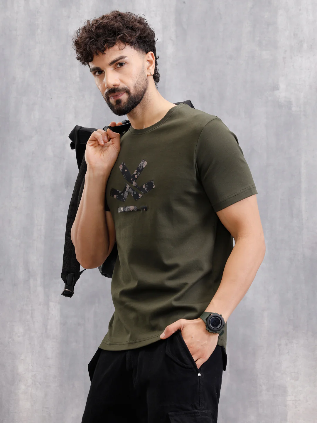 Premium Interlock Base With Dark Floral Logo Brand Carrier Crew Neck T-Shirt | Olive - Image 3