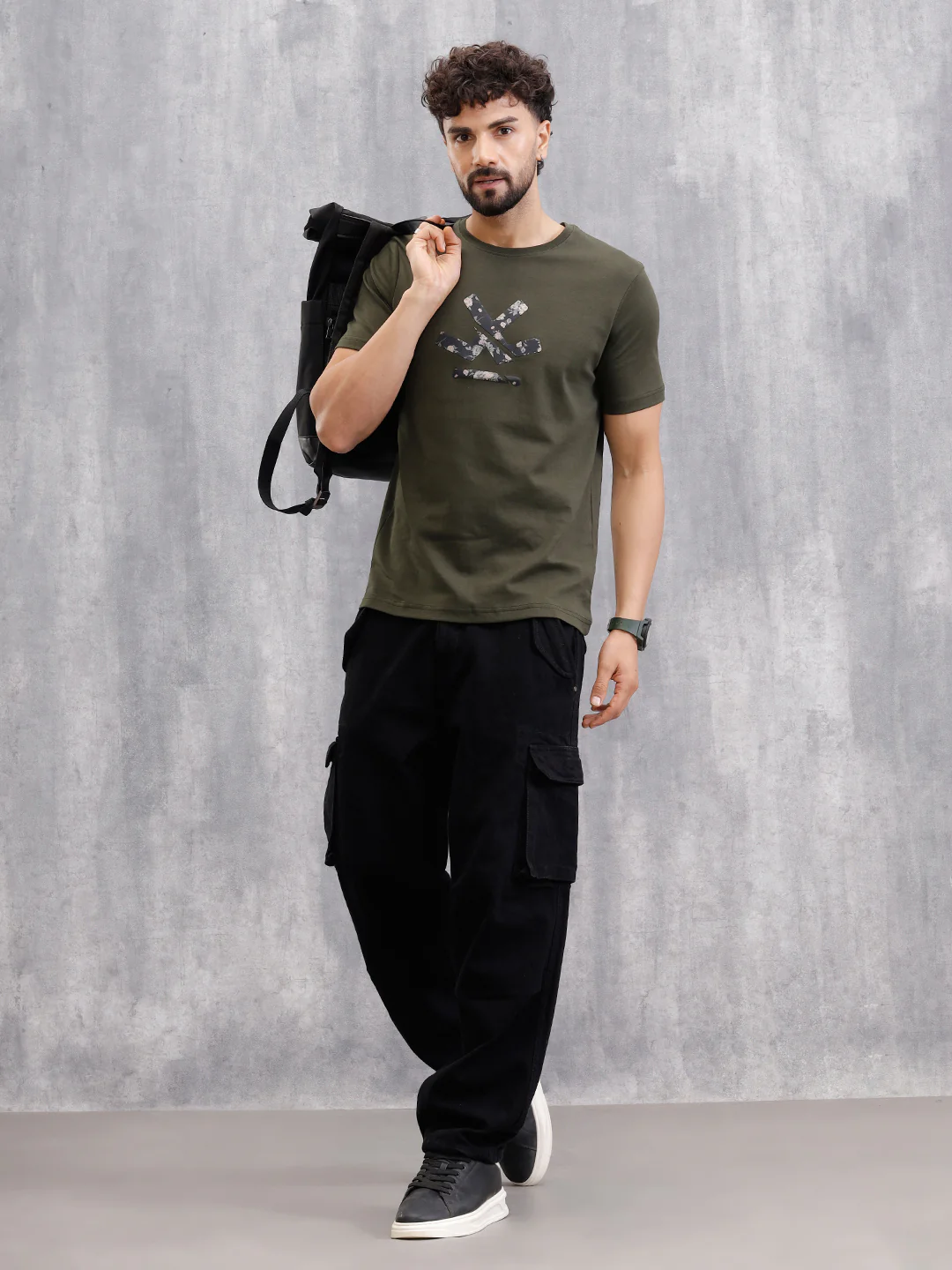 Premium Interlock Base With Dark Floral Logo Brand Carrier Crew Neck T-Shirt | Olive - Image 4