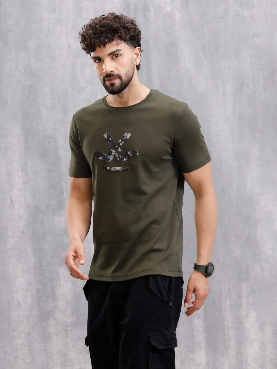 Premium Interlock Base With Dark Floral Logo Brand Carrier Crew Neck T-Shirt | Olive - Image 7