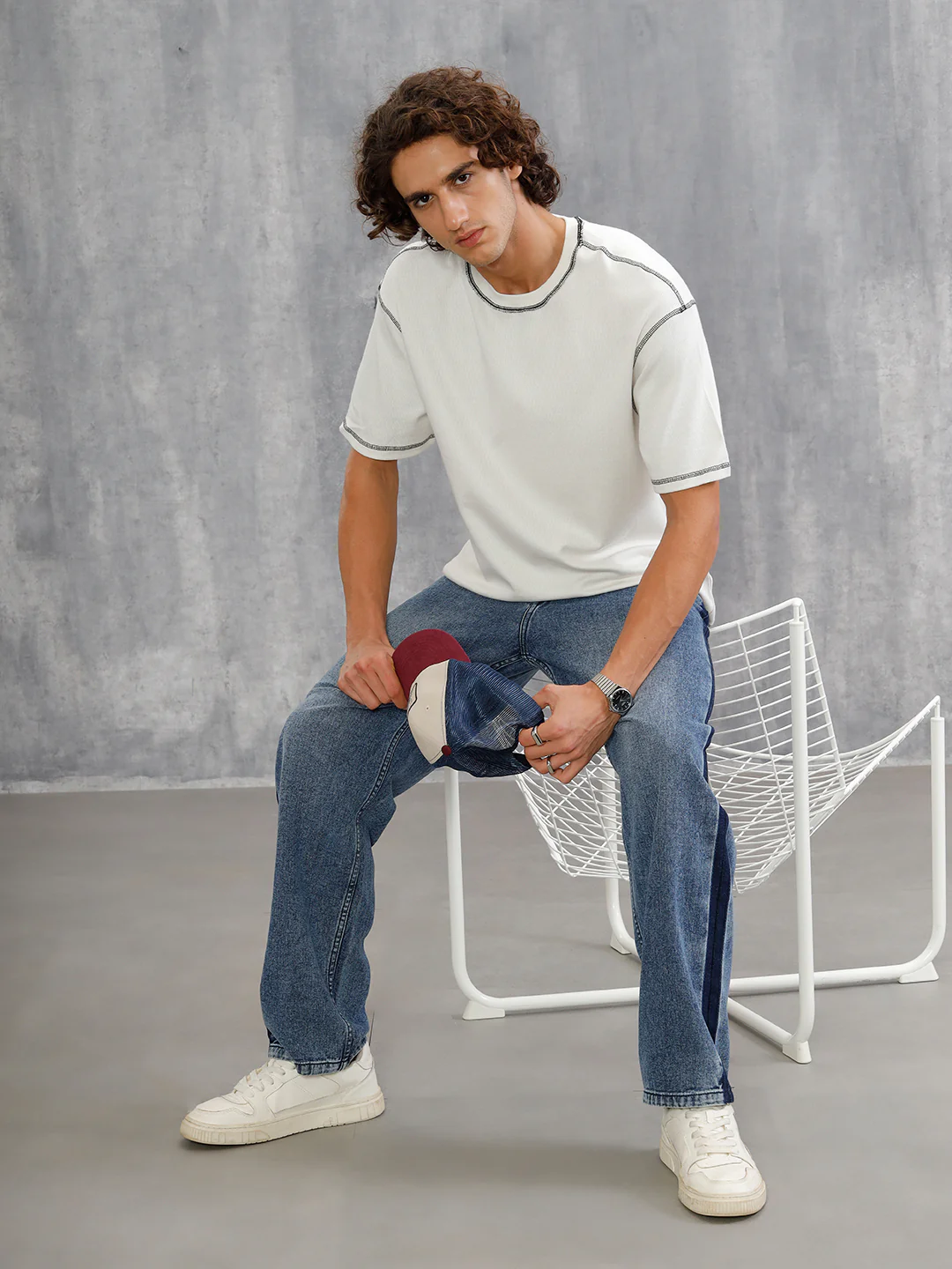 Premium Textured Knit With Contrast Stitch Details On Seams  | Off White - Image 2