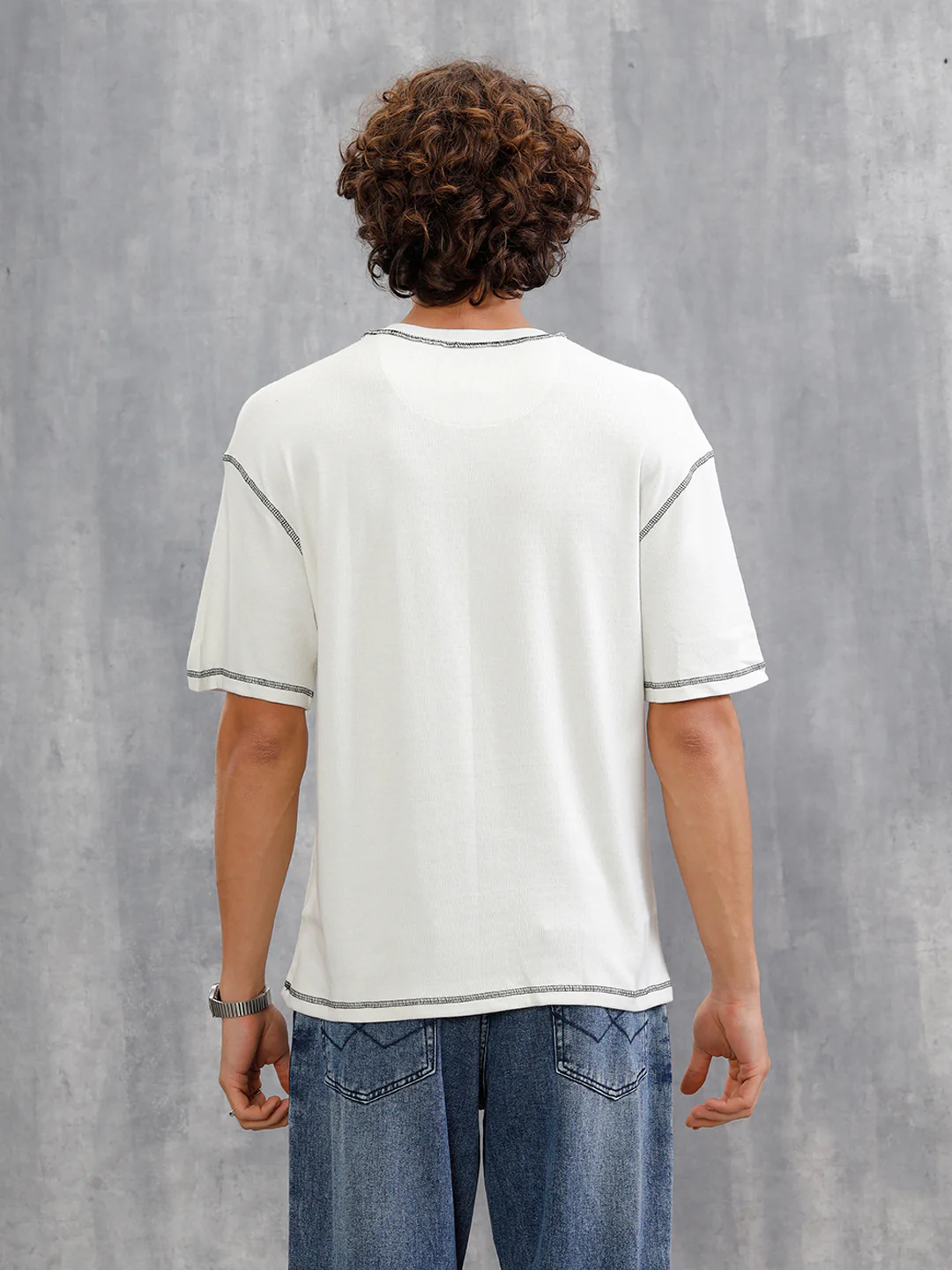 Premium Textured Knit With Contrast Stitch Details On Seams  | Off White - Image 3