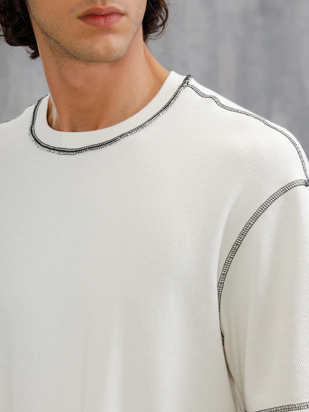 Premium Textured Knit With Contrast Stitch Details On Seams  | Off White - Image 4