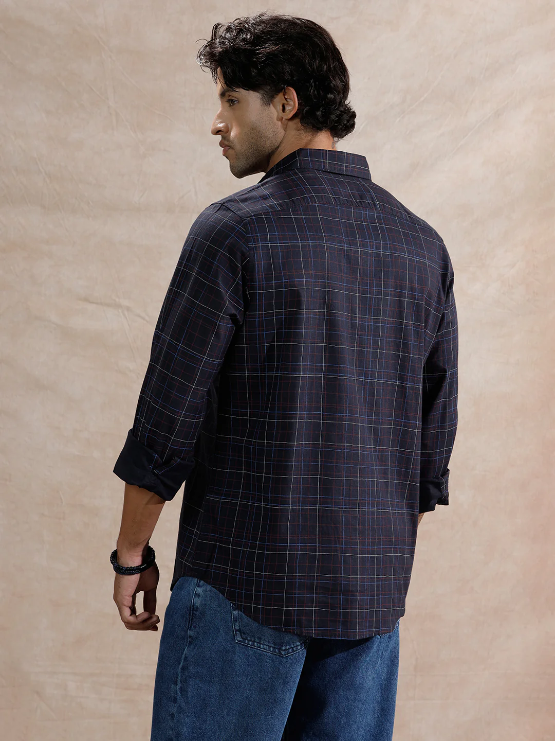 Printed Checked Regular Fit Shirt  | Navy Blue - Image 3