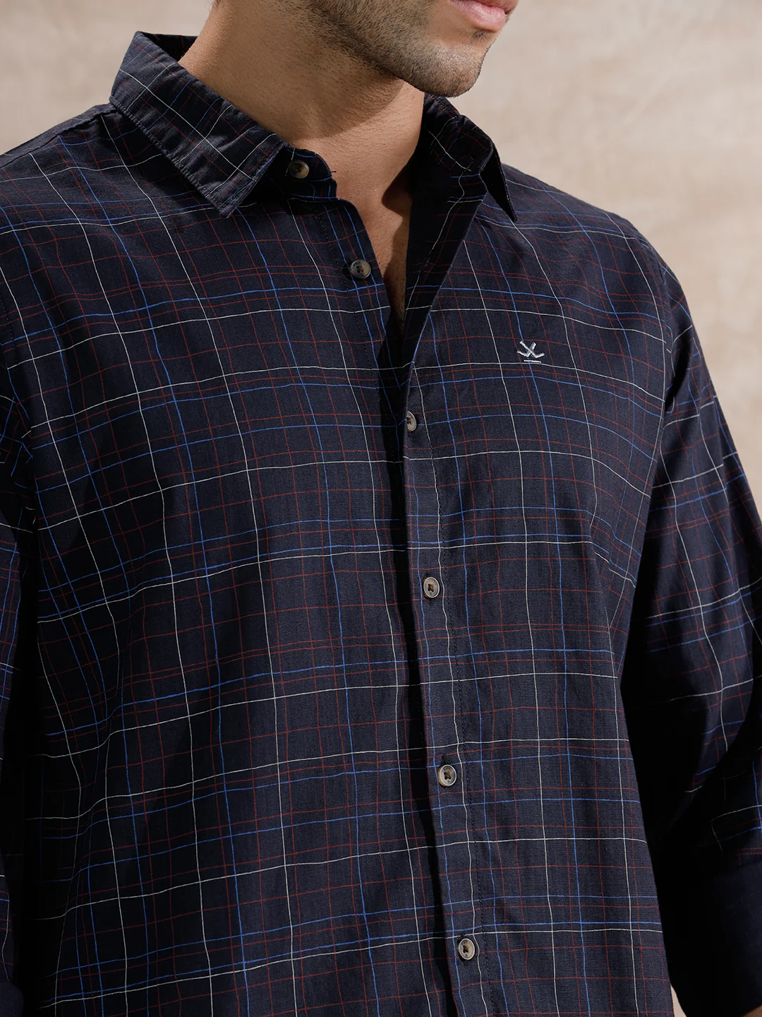 Printed Checked Regular Fit Shirt  | Navy Blue - Image 5