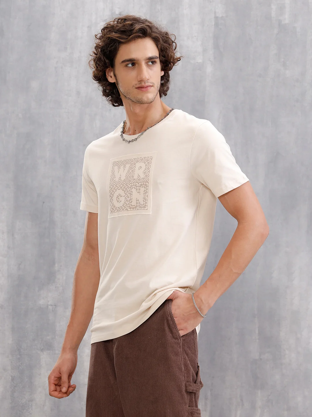 Printed Patchwork T-Shirt  |  Beige - Image 4
