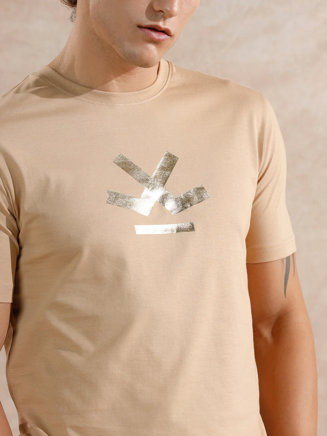 Gold Foil Print Slim Fit T-Shirt | Beige - Image 5