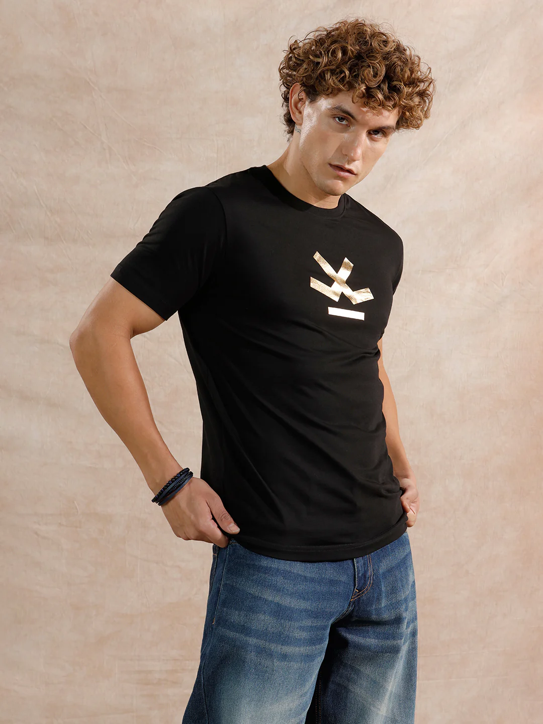 Gold Foil Print Slim Fit T-Shirt | Black - Image 4