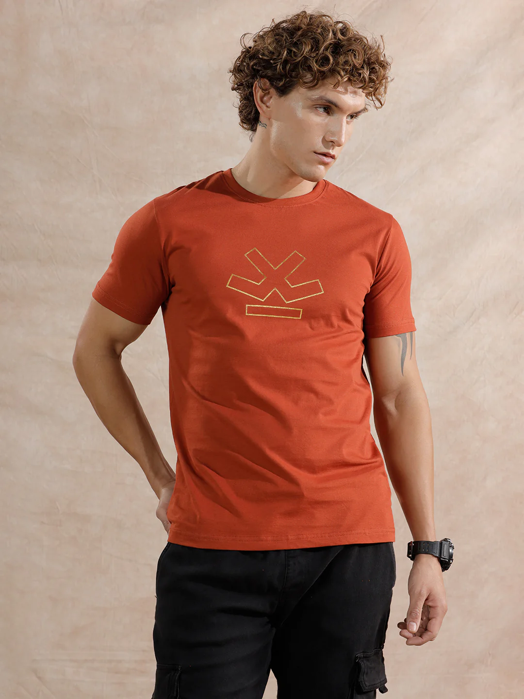 Silver Foil Print Slim Fit T-Shirt | Rust - Image 3